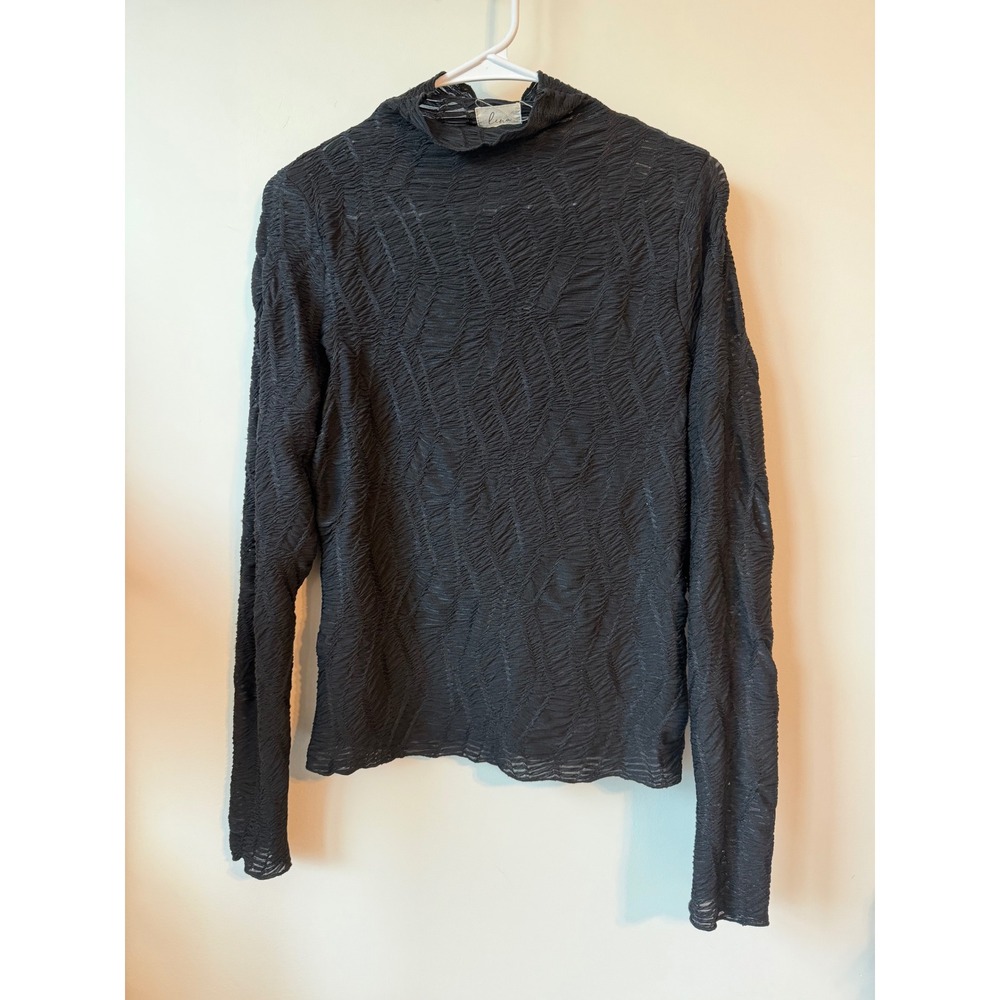 Lena Black Textured Mesh Mock Neck Long Sleeve Top Large Crinkle Sheer Blouse